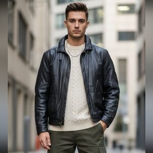 Vintage Leather Bomber Jacket, Black, Men's 48 Reg